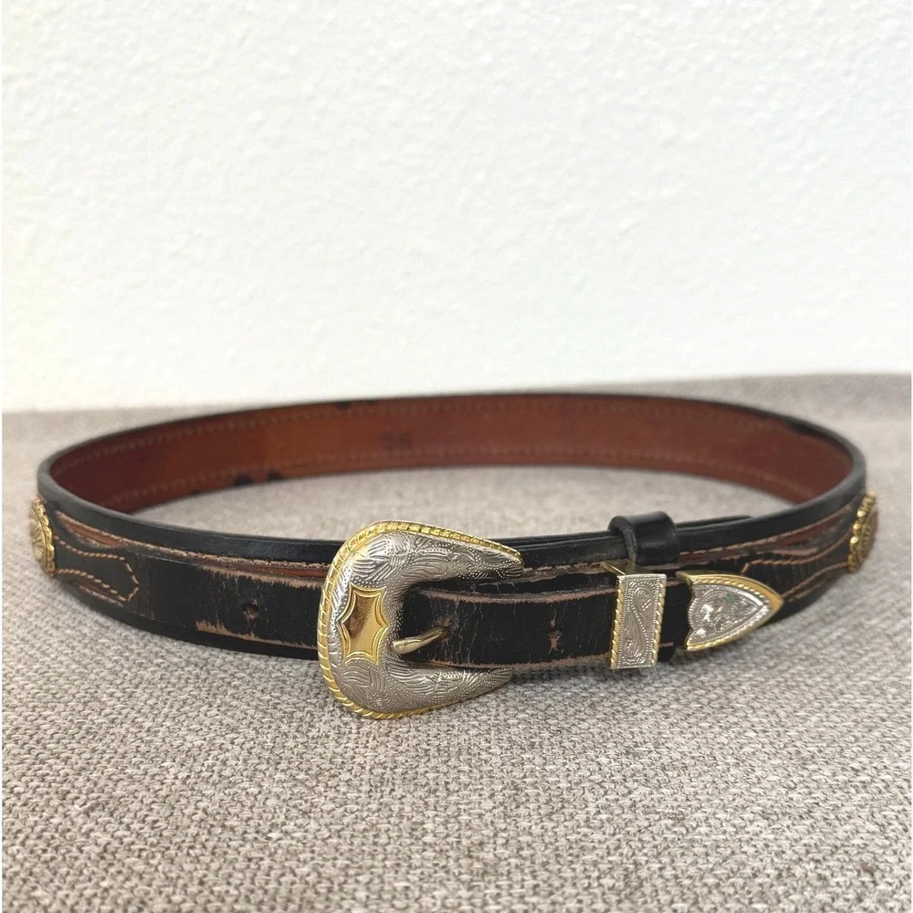 Western‎ Belt Women 28 Black Tooled Leather Buckle Concho Silver Gold Tone VTG